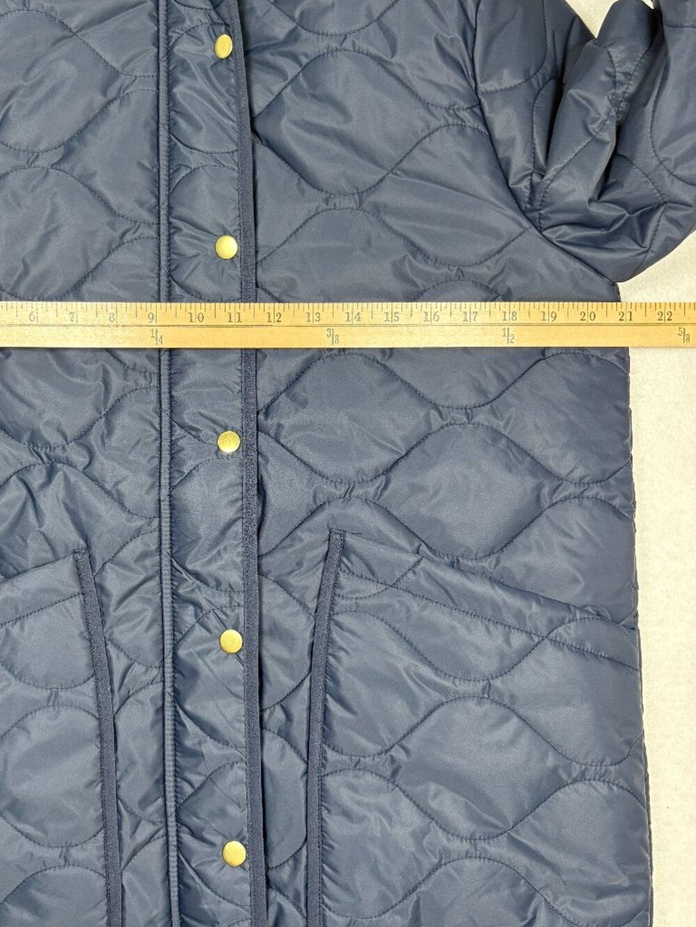 Quince Featherless Quilted Long Puffer Jacket Coat Navy Gold Snaps Preppy Chic M - Picture 4 of 10